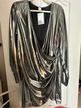 H&M Metallic Silver Long-Sleeve Draped V-Neck Dress